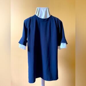 Navy Round Neck Ruffled Mini Shift Dress Free One Size